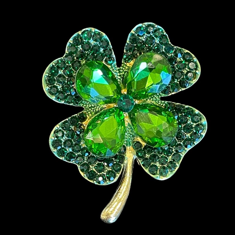 Four Leaf Clover Brooch Green Rhinestone Crystal Gold Tone Lucky Shamrock Pin